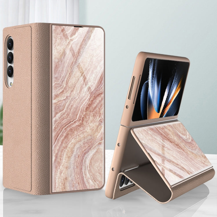 For Samsung Galaxy Z Fold4 GKK Marble Pattern Electroplating Tempered Glass Leather Case