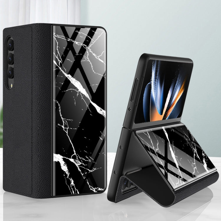 For Samsung Galaxy Z Fold4 GKK Marble Pattern Electroplating Tempered Glass Leather Case