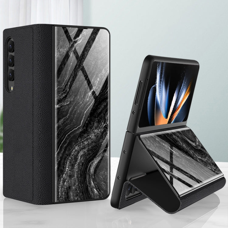 For Samsung Galaxy Z Fold4 GKK Marble Pattern Electroplating Tempered Glass Leather Case