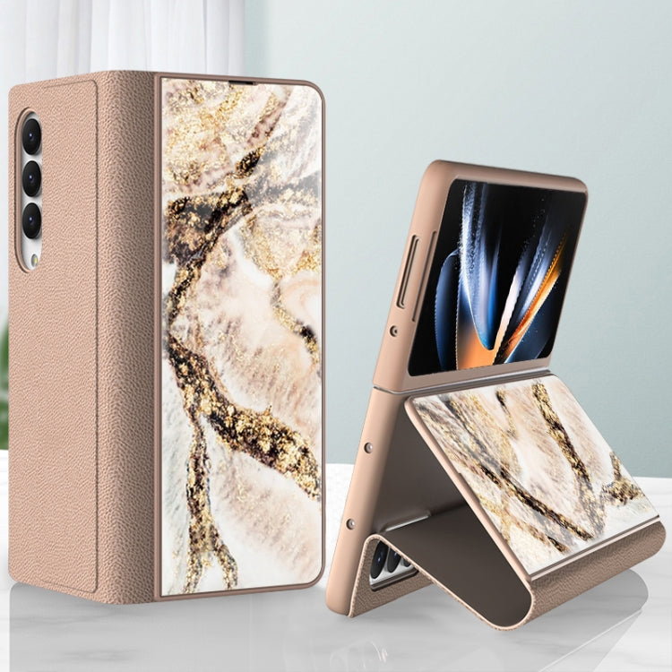 For Samsung Galaxy Z Fold4 GKK Marble Pattern Electroplating Tempered Glass Leather Case