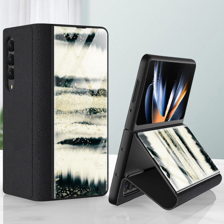 For Samsung Galaxy Z Fold4 GKK Marble Pattern Electroplating Tempered Glass Leather Case