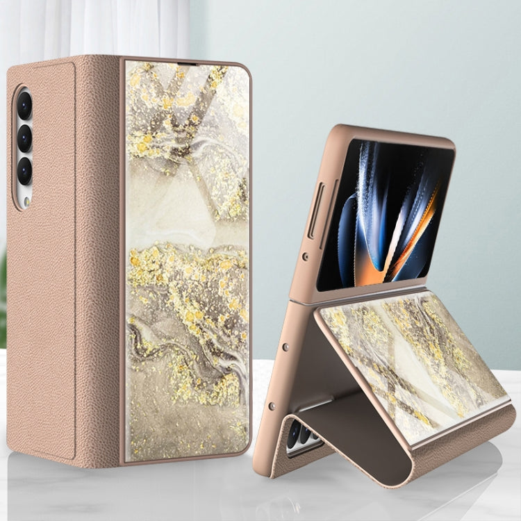 For Samsung Galaxy Z Fold4 GKK Marble Pattern Electroplating Tempered Glass Leather Case