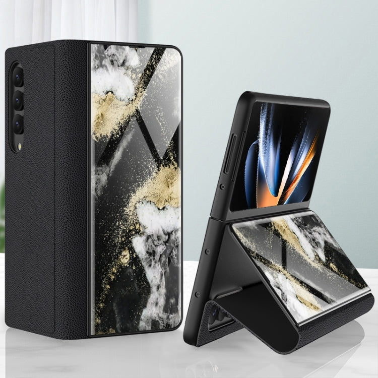 For Samsung Galaxy Z Fold4 GKK Marble Pattern Electroplating Tempered Glass Leather Case
