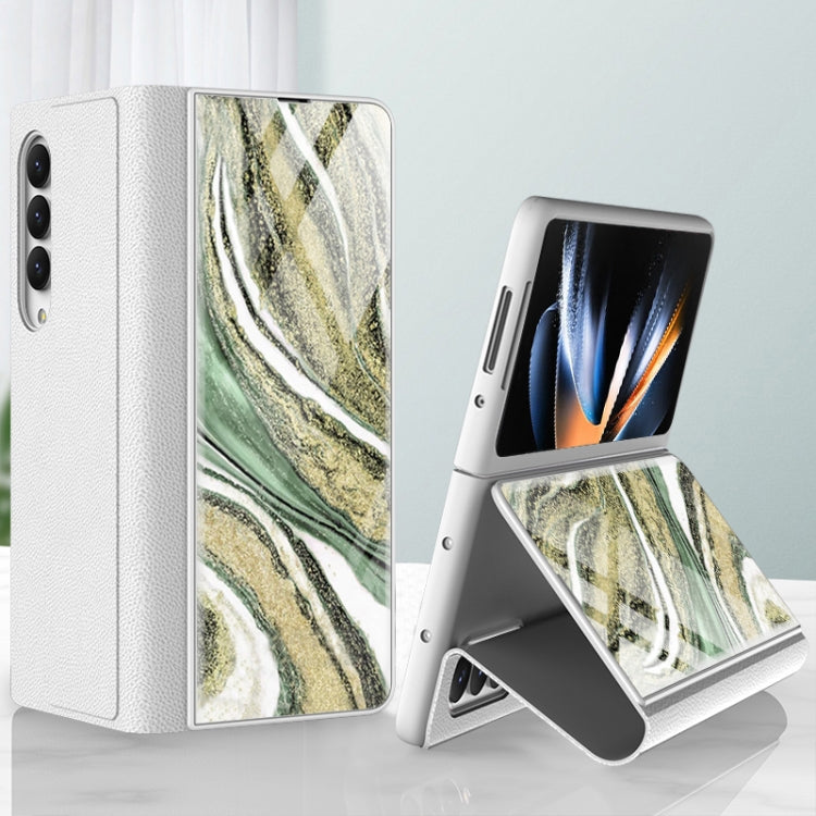 For Samsung Galaxy Z Fold4 GKK Marble Pattern Electroplating Tempered Glass Leather Case