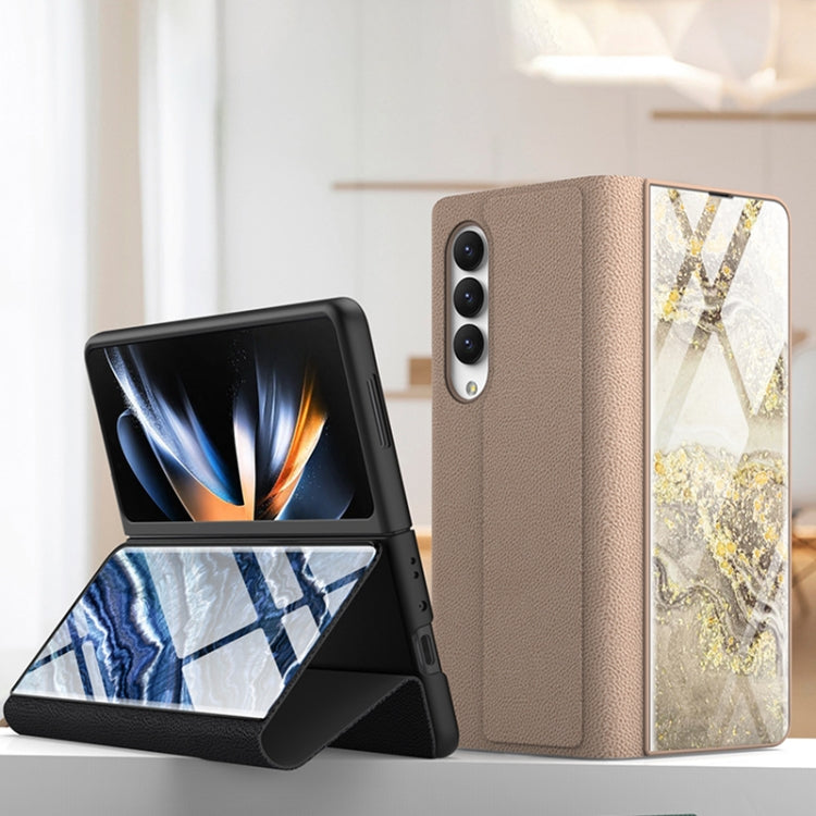 For Samsung Galaxy Z Fold4 GKK Marble Pattern Electroplating Tempered Glass Leather Case
