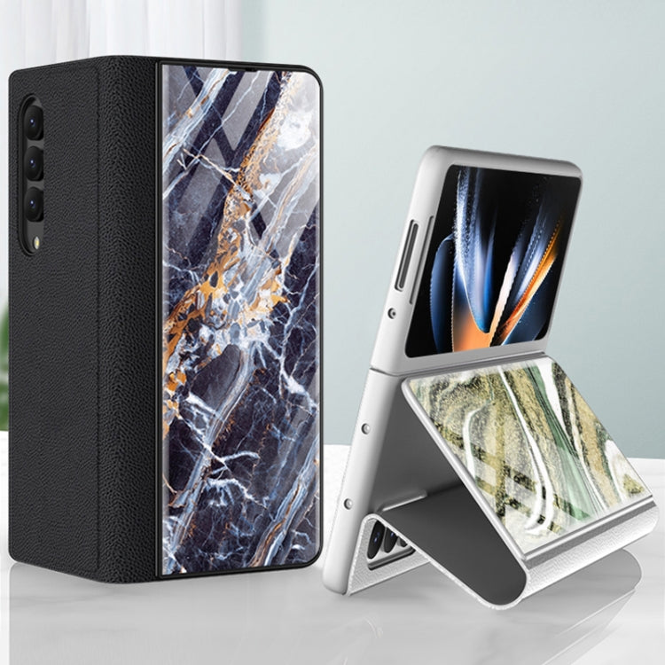 For Samsung Galaxy Z Fold4 GKK Marble Pattern Electroplating Tempered Glass Leather Case
