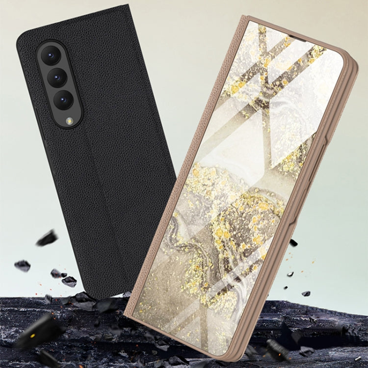 For Samsung Galaxy Z Fold4 GKK Marble Pattern Electroplating Tempered Glass Leather Case