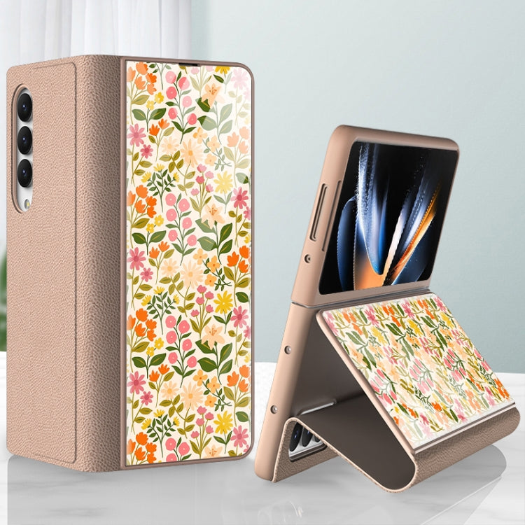 For Samsung Galaxy Z Fold4 GKK Floral Pattern Electroplating Tempered Glass Leather Case