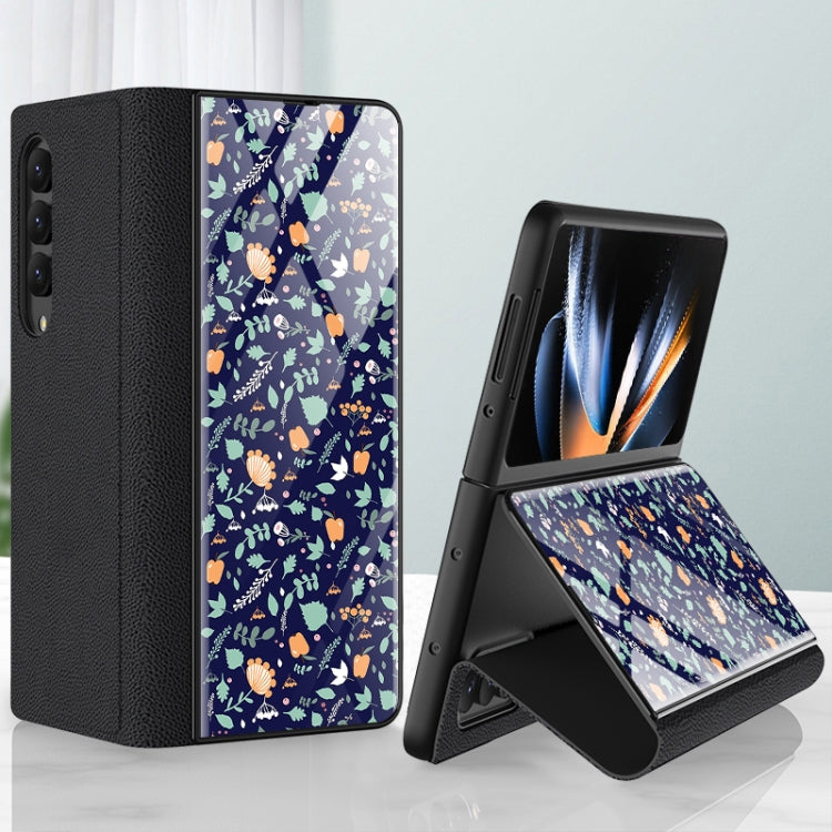 For Samsung Galaxy Z Fold4 GKK Floral Pattern Electroplating Tempered Glass Leather Case