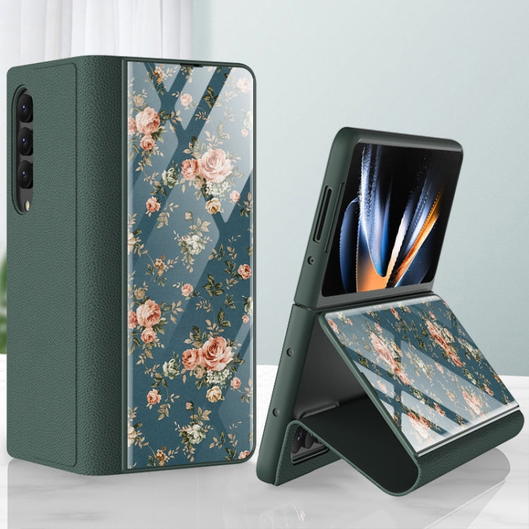 For Samsung Galaxy Z Fold4 GKK Floral Pattern Electroplating Tempered Glass Leather Case