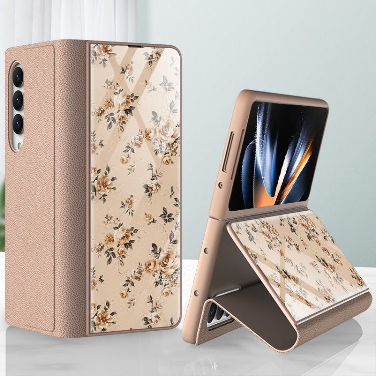 For Samsung Galaxy Z Fold4 GKK Floral Pattern Electroplating Tempered Glass Leather Case