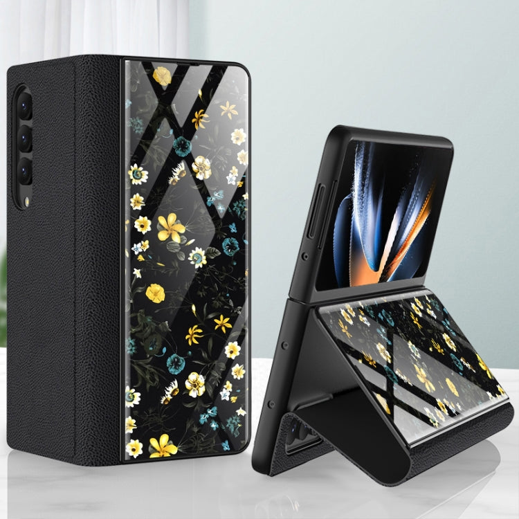 For Samsung Galaxy Z Fold4 GKK Floral Pattern Electroplating Tempered Glass Leather Case