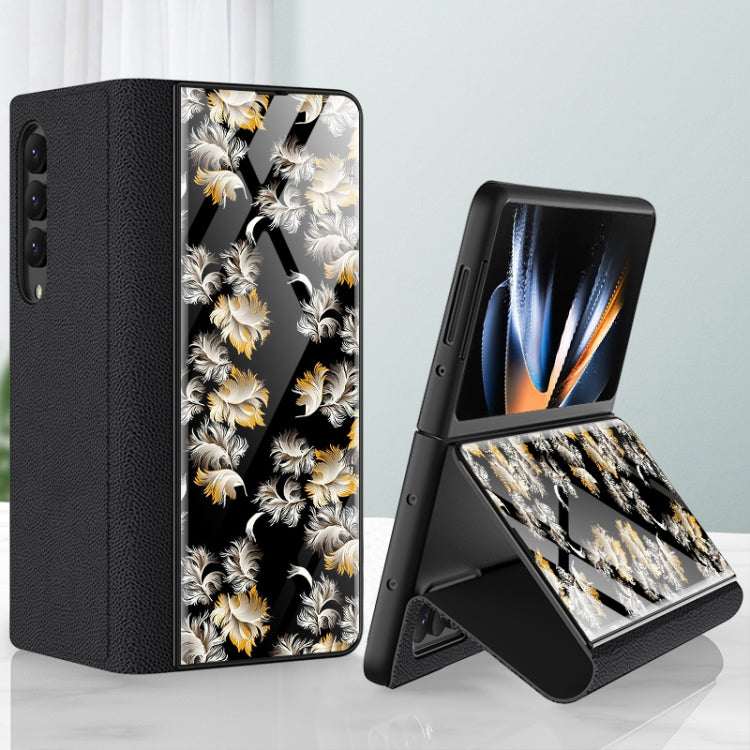 For Samsung Galaxy Z Fold4 GKK Floral Pattern Electroplating Tempered Glass Leather Case