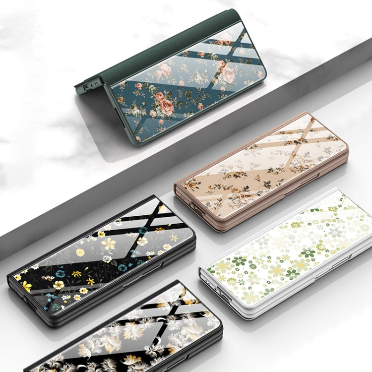 For Samsung Galaxy Z Fold4 GKK Floral Pattern Electroplating Tempered Glass Leather Case
