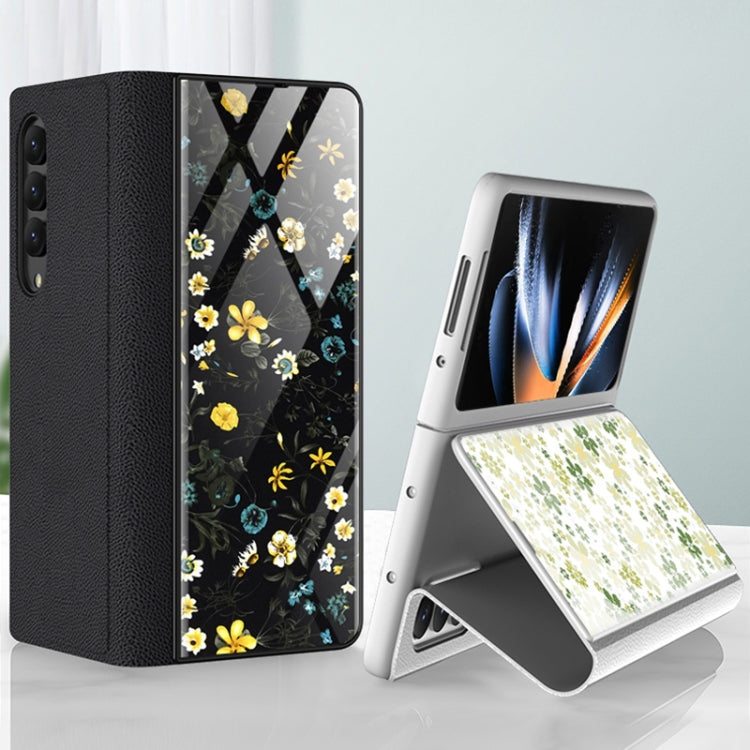 For Samsung Galaxy Z Fold4 GKK Floral Pattern Electroplating Tempered Glass Leather Case