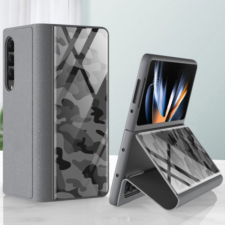 For Samsung Galaxy Z Fold4 GKK Texture Pattern Electroplating Tempered Glass Leather Case