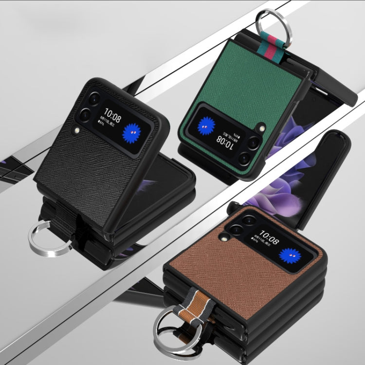 For Samsung Galaxy Z Flip4 Cross Texture Shockproof Protective Phone Case with Lanyard