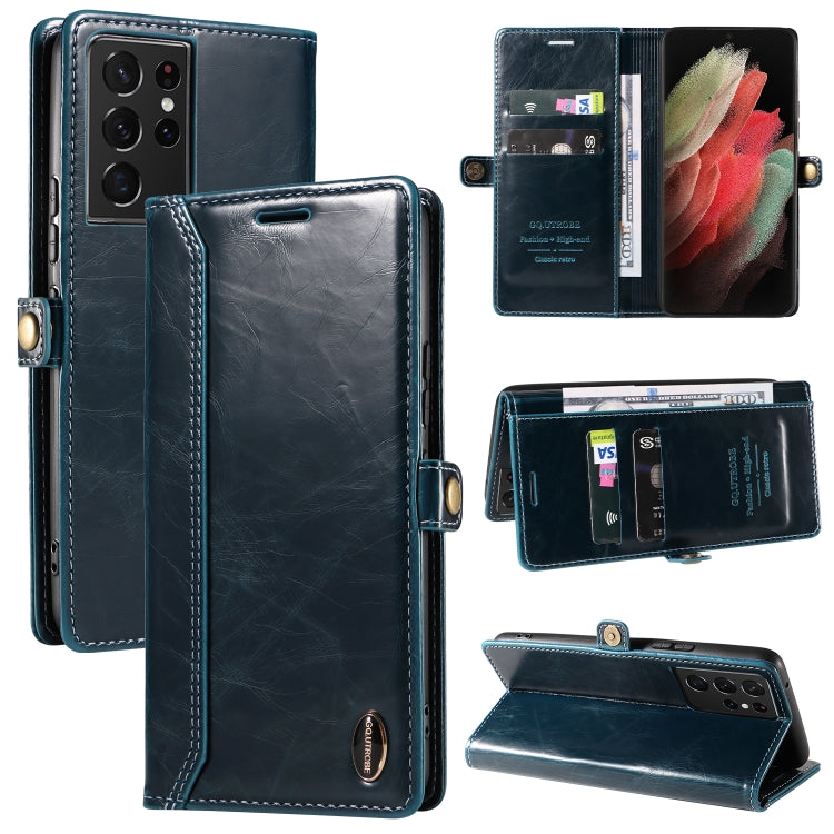 For Samsung Galaxy S21 Ultra 5G GQUTROBE RFID Blocking Oil Wax Leather Phone Case