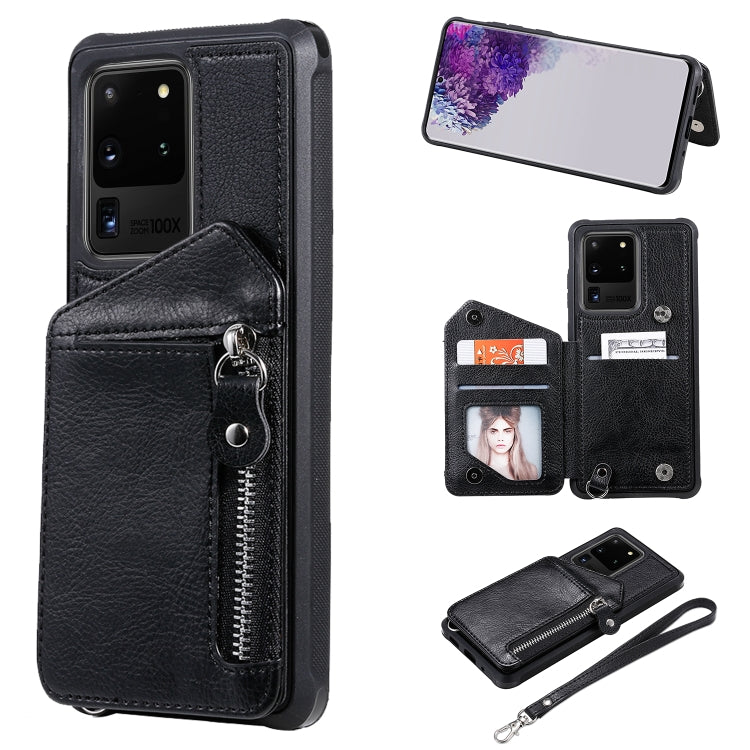 For Galaxy S20 Ultra Zipper Double Buckle Shockproof Protective Case with Stand & Photo Holder & Wallet Function