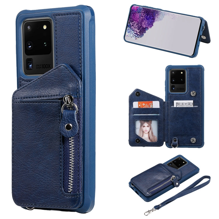 For Galaxy S20 Ultra Zipper Double Buckle Shockproof Protective Case with Stand & Photo Holder & Wallet Function