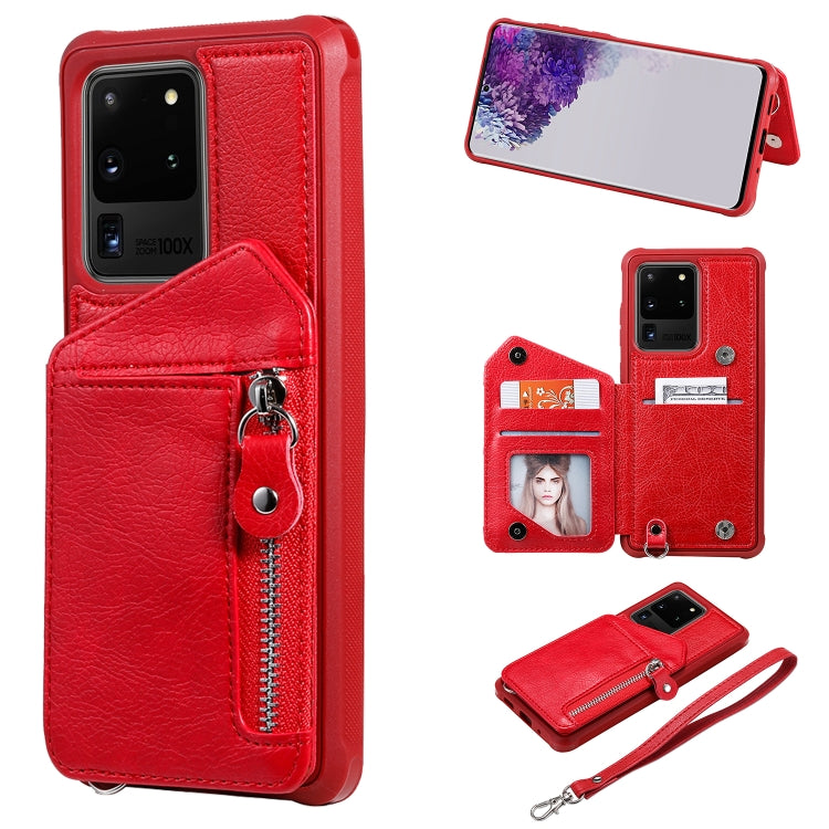 For Galaxy S20 Ultra Zipper Double Buckle Shockproof Protective Case with Stand & Photo Holder & Wallet Function