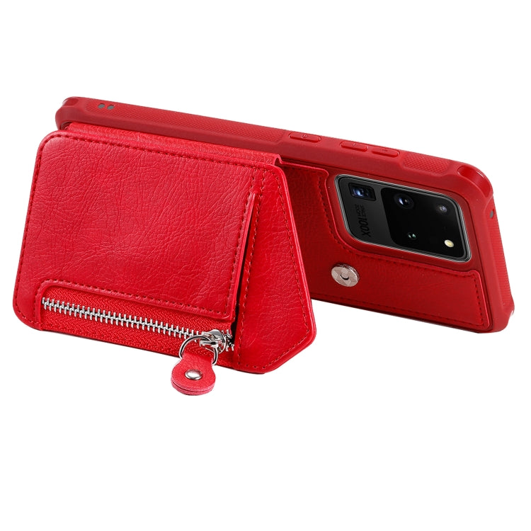 For Galaxy S20 Ultra Zipper Double Buckle Shockproof Protective Case with Stand & Photo Holder & Wallet Function