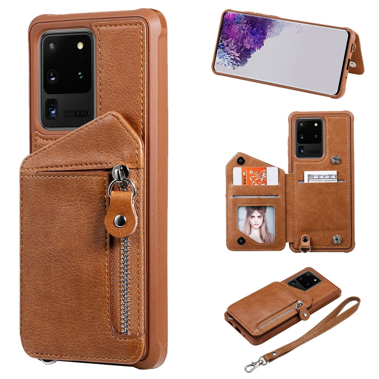 For Galaxy S20 Ultra Zipper Double Buckle Shockproof Protective Case with Stand & Photo Holder & Wallet Function