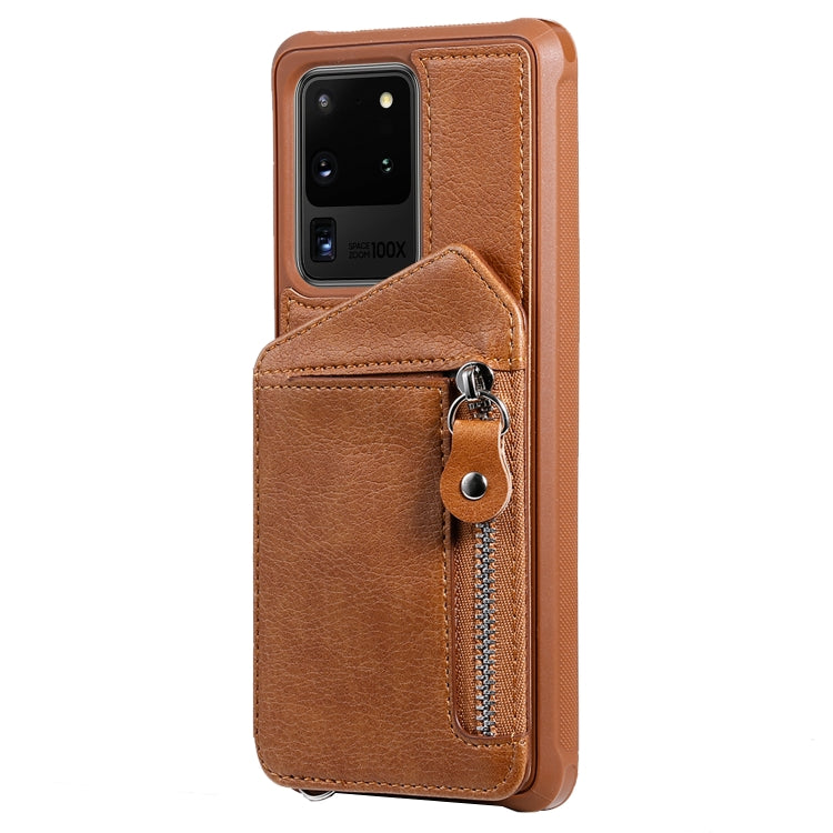 For Galaxy S20 Ultra Zipper Double Buckle Shockproof Protective Case with Stand & Photo Holder & Wallet Function