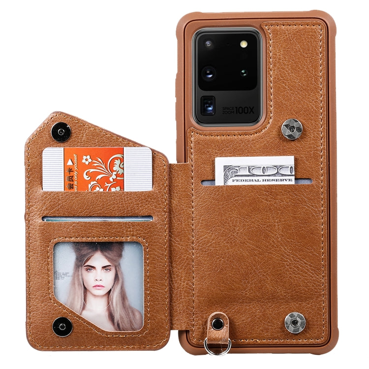 For Galaxy S20 Ultra Zipper Double Buckle Shockproof Protective Case with Stand & Photo Holder & Wallet Function