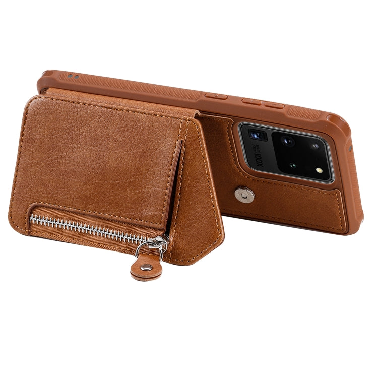 For Galaxy S20 Ultra Zipper Double Buckle Shockproof Protective Case with Stand & Photo Holder & Wallet Function