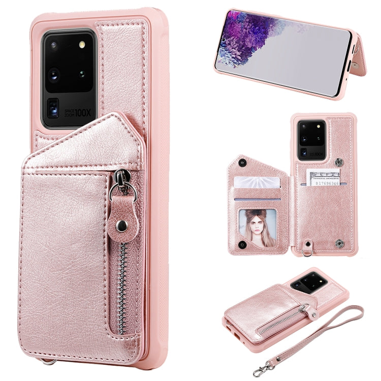 For Galaxy S20 Ultra Zipper Double Buckle Shockproof Protective Case with Stand & Photo Holder & Wallet Function