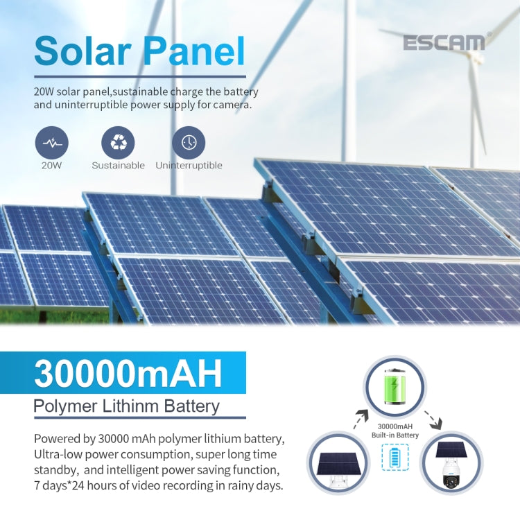 ESCAM QF724 3MP 24h Recording Cloud Storage PT 4G PIR Alarm IP Camera with Solar Panel, European Signal Bands