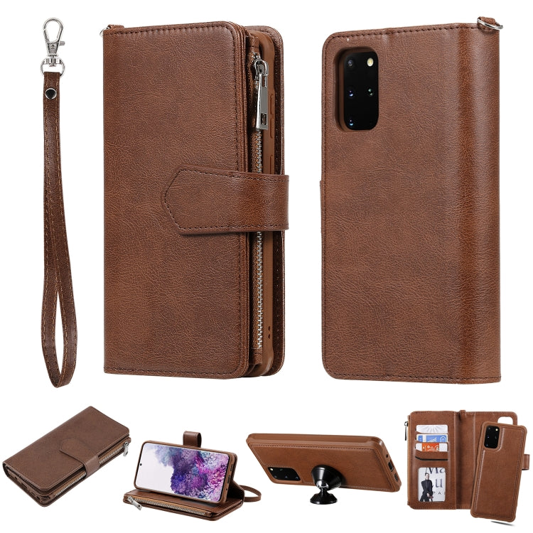 For Galaxy S20+ 2 in 1 Solid Color Zipper Shockproof Protective Case with Card Slots & Bracket & Photo Holder & Wallet Function