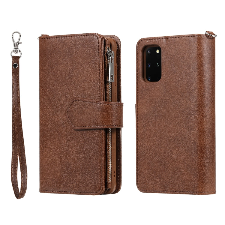 For Galaxy S20+ 2 in 1 Solid Color Zipper Shockproof Protective Case with Card Slots & Bracket & Photo Holder & Wallet Function