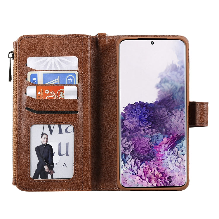 For Galaxy S20+ 2 in 1 Solid Color Zipper Shockproof Protective Case with Card Slots & Bracket & Photo Holder & Wallet Function