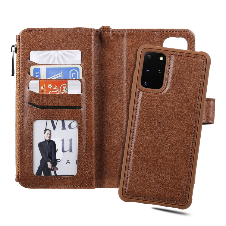 For Galaxy S20+ 2 in 1 Solid Color Zipper Shockproof Protective Case with Card Slots & Bracket & Photo Holder & Wallet Function