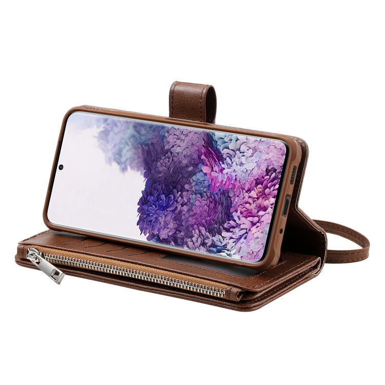 For Galaxy S20+ 2 in 1 Solid Color Zipper Shockproof Protective Case with Card Slots & Bracket & Photo Holder & Wallet Function