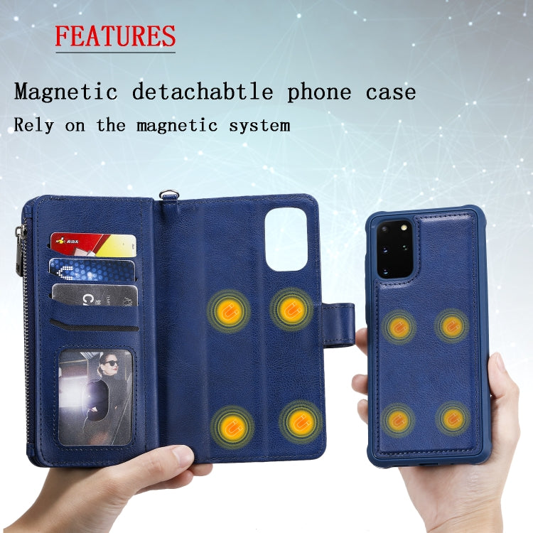 For Galaxy S20+ 2 in 1 Solid Color Zipper Shockproof Protective Case with Card Slots & Bracket & Photo Holder & Wallet Function