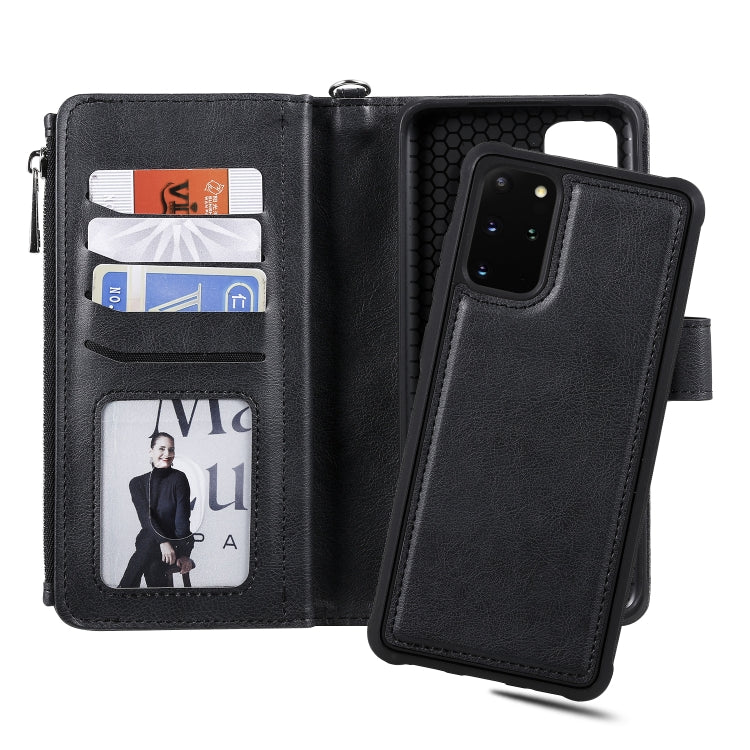 For Galaxy S20+ 2 in 1 Solid Color Zipper Shockproof Protective Case with Card Slots & Bracket & Photo Holder & Wallet Function