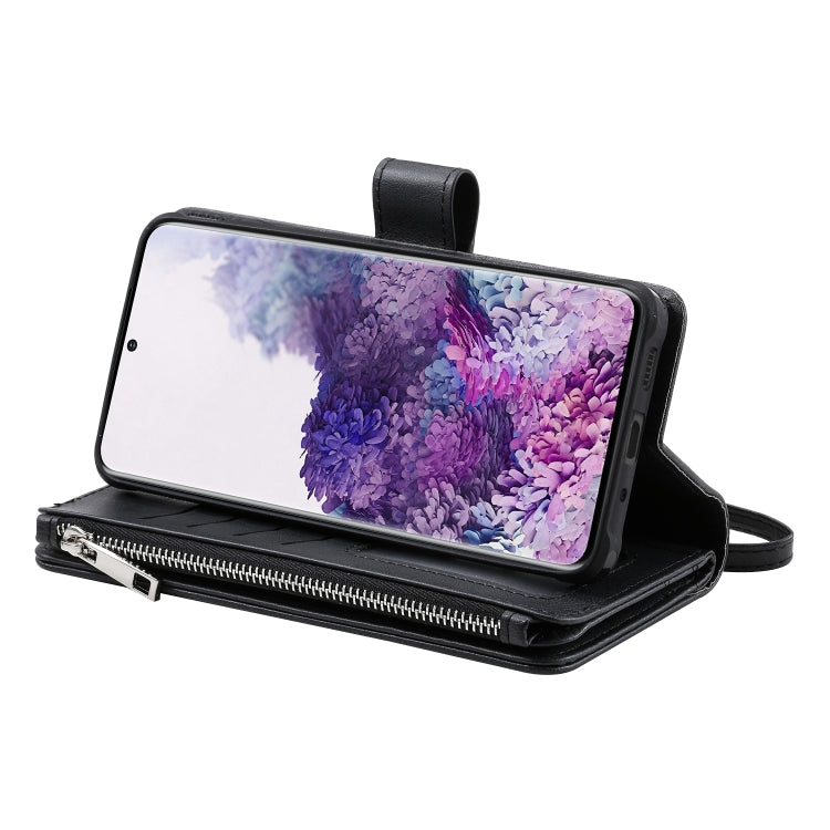 For Galaxy S20+ 2 in 1 Solid Color Zipper Shockproof Protective Case with Card Slots & Bracket & Photo Holder & Wallet Function