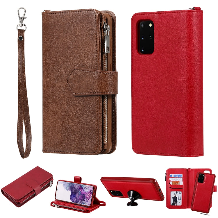 For Galaxy S20+ 2 in 1 Solid Color Zipper Shockproof Protective Case with Card Slots & Bracket & Photo Holder & Wallet Function