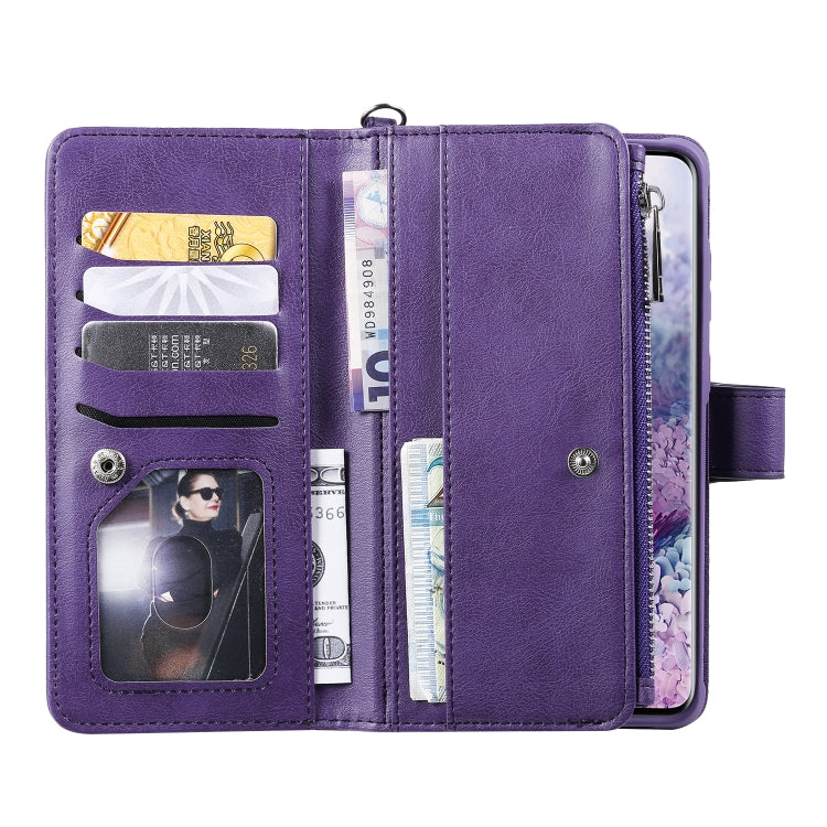 For Galaxy S20+ 2 in 1 Solid Color Zipper Shockproof Protective Case with Card Slots & Bracket & Photo Holder & Wallet Function