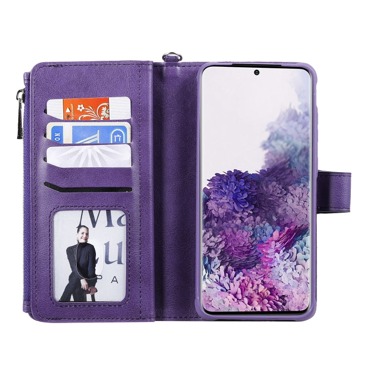 For Galaxy S20+ 2 in 1 Solid Color Zipper Shockproof Protective Case with Card Slots & Bracket & Photo Holder & Wallet Function