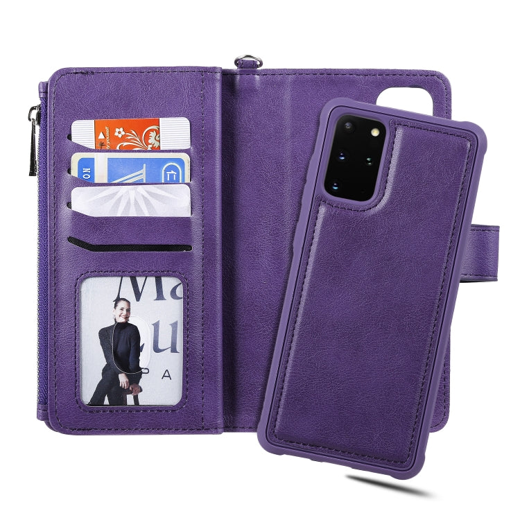 For Galaxy S20+ 2 in 1 Solid Color Zipper Shockproof Protective Case with Card Slots & Bracket & Photo Holder & Wallet Function