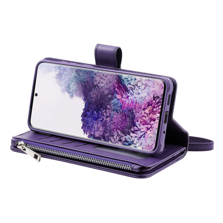 For Galaxy S20+ 2 in 1 Solid Color Zipper Shockproof Protective Case with Card Slots & Bracket & Photo Holder & Wallet Function