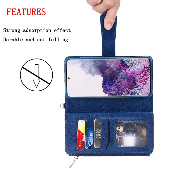 For Galaxy S20+ 2 in 1 Solid Color Zipper Shockproof Protective Case with Card Slots & Bracket & Photo Holder & Wallet Function