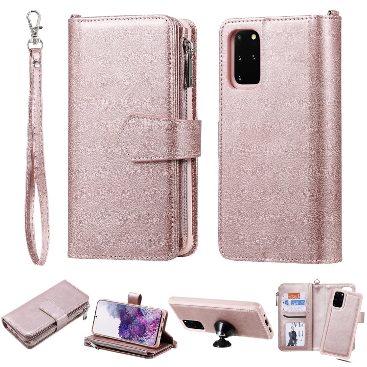 For Galaxy S20+ 2 in 1 Solid Color Zipper Shockproof Protective Case with Card Slots & Bracket & Photo Holder & Wallet Function