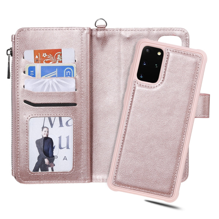 For Galaxy S20+ 2 in 1 Solid Color Zipper Shockproof Protective Case with Card Slots & Bracket & Photo Holder & Wallet Function