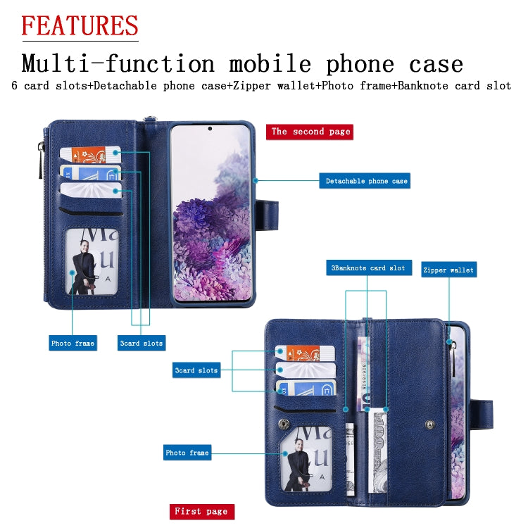 For Galaxy S20+ 2 in 1 Solid Color Zipper Shockproof Protective Case with Card Slots & Bracket & Photo Holder & Wallet Function