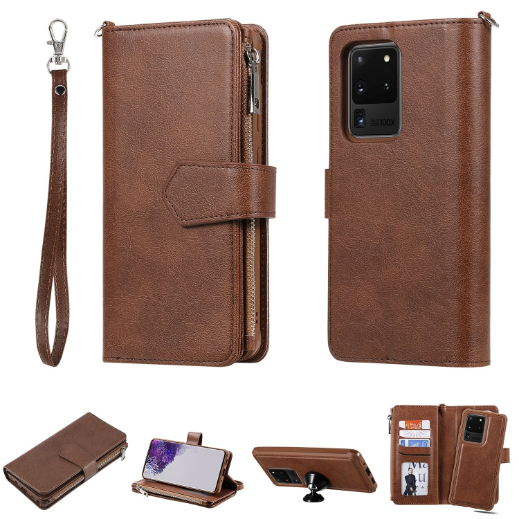 For Galaxy S20 Ultra 2 in 1 Solid Color Zipper Shockproof Protective Case with Card Slots & Bracket & Photo Holder & Wallet Function